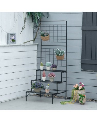 Support pour plantes avec treillis et 3 étagères escalier métal noir