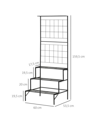 Support pour plantes avec treillis et 3 étagères escalier métal noir