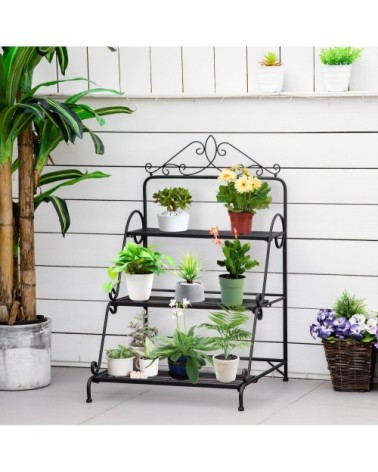 Support pour plantes 3 niveaux forme escalier métal noir