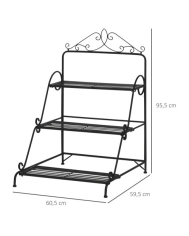 Support pour plantes 3 niveaux forme escalier métal noir