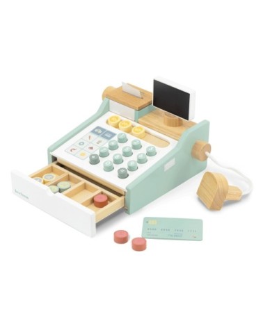 Caisse enregistreuse en bois naturel turquoise pour enfants