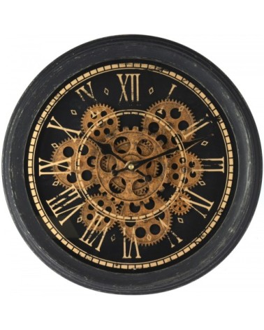 Horloge murale ronde en métal noir et doré engrenage D35cm