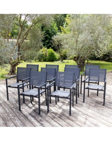 Lot de 10 chaises en aluminium anthracite et textilène gris