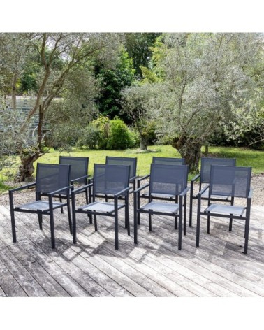 Lot de 8 chaises en aluminium anthracite et textilène gris