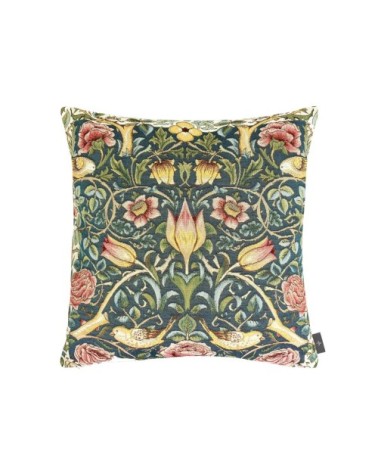 Coussin roses et oiseaux d'après w.morris made in france bleu   48x48