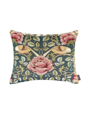 Coussin roses et oiseaux d'après w.morris made in france bleu  38x48