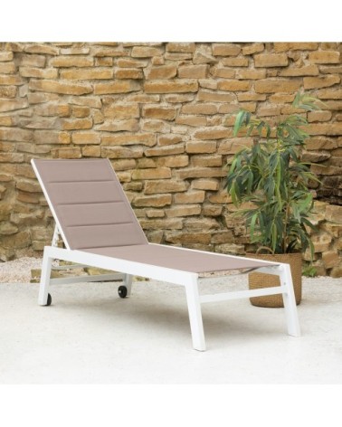 Bain de soleil en textilène taupe et aluminium blanc