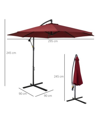 Parasol déporté inclinable manivelle avec pied en acier bordeaux
