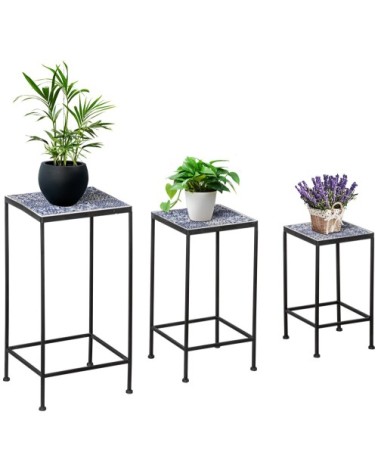 Support pots de fleurs 3 pièces métal plateau carreaux céramique bleu