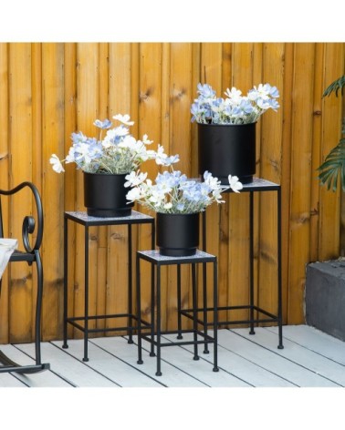 Support pots de fleurs 3 pièces métal plateau carreaux céramique bleu