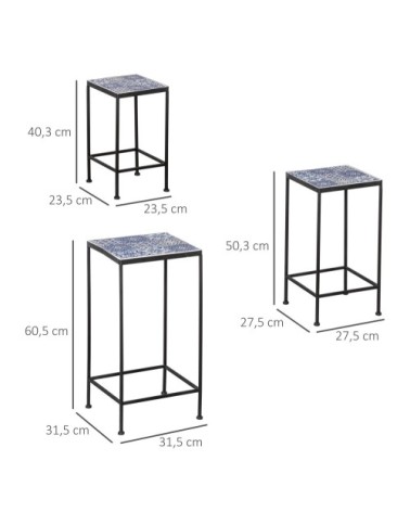 Support pots de fleurs 3 pièces métal plateau carreaux céramique bleu