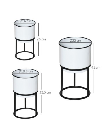 Lot de 3 supports de pots de fleurs design métal époxy noir et blanc