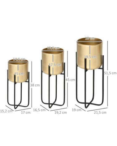 Supports de pots de fleurs design lot de 3 - métal époxy noir doré