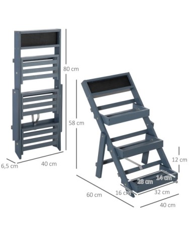 Étagère échelle à fleurs pliable tableau noir intégré bois sapin gris