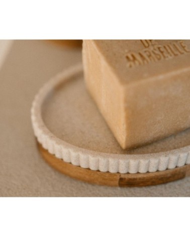 Porte savon polyrésine beige et acacia 14x9,5x3cm