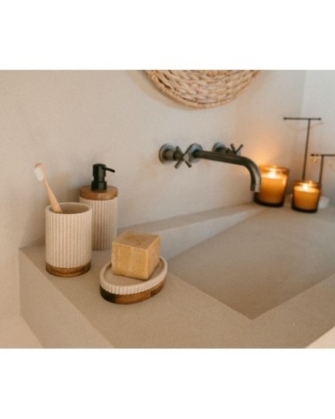 Porte savon polyrésine beige et acacia 14x9,5x3cm