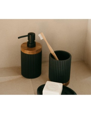 Distributeur de savon polyrésine noir et acacia 8x8x18cm