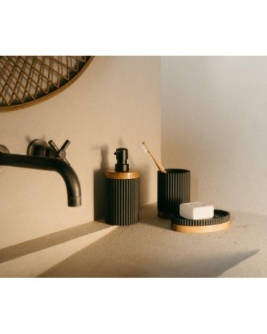 Distributeur de savon polyrésine noir et acacia 8x8x18cm