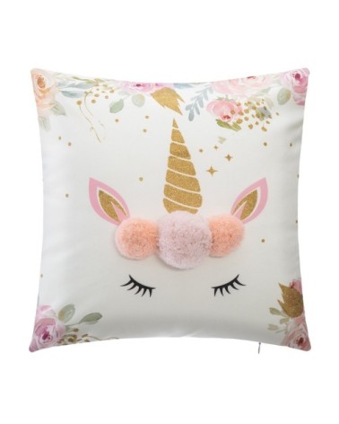 Coussin licorne à pompons polyester blanc 40x40cm