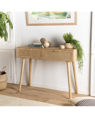 Console en pin couleur naturelle 2 tiroirs cannage