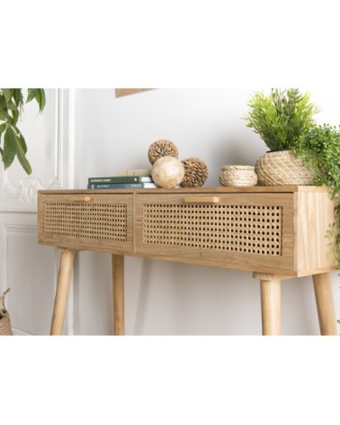 Console en pin couleur naturelle 2 tiroirs cannage