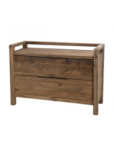 Commode 2 tiroirs en pin recyclé et poignées en métal noir