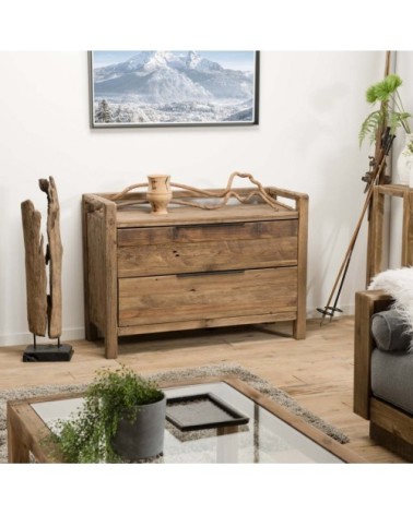 Commode 2 tiroirs en pin recyclé et poignées en métal noir