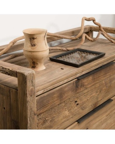 Commode 2 tiroirs en pin recyclé et poignées en métal noir