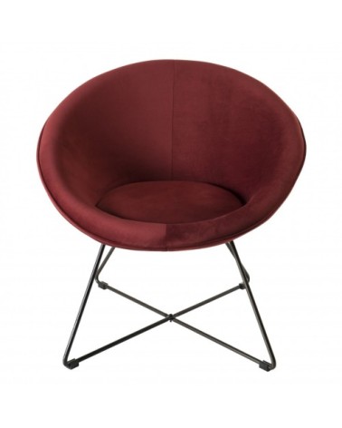 Fauteuil en tissu velours bordeaux pieds croisés métal