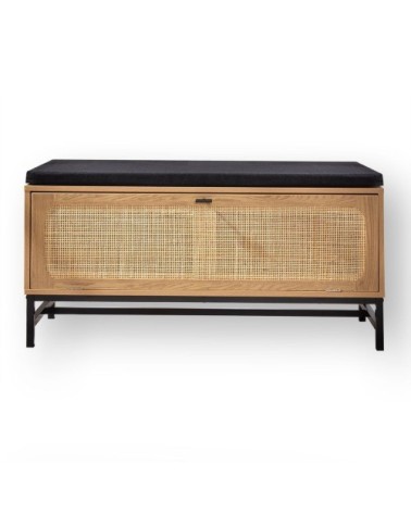 Banc d'entrée avec rangements effet bois et façade en rotin l100 cm