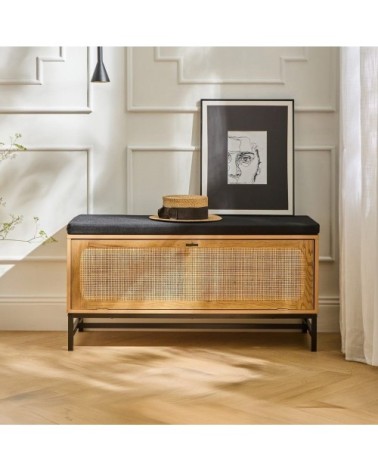 Banc d'entrée avec rangements effet bois et façade en rotin l100 cm