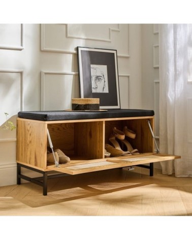 Banc d'entrée avec rangements effet bois et façade en rotin l100 cm
