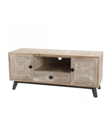 Meuble TV 2 portes 1 tiroir 1 niche beige pieds en sapin noir