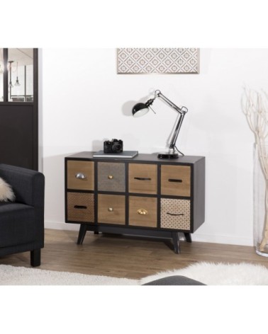 Commode noire 8 tiroirs motifs pin marron
