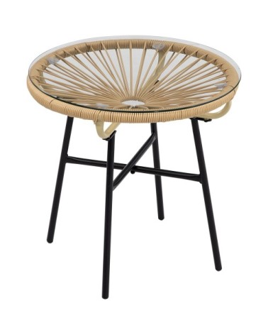 Table basse ronde jardin résine rotin métal verre trempé beige
