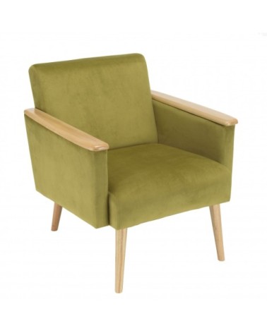 Fauteuil velours vert clair pieds et accoudoirs bois