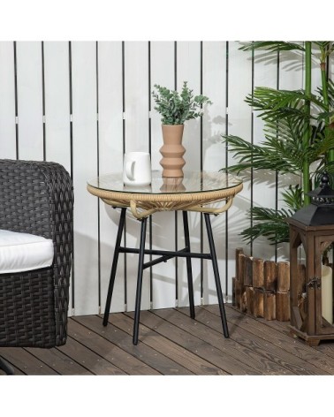 Table basse ronde jardin résine rotin métal verre trempé beige