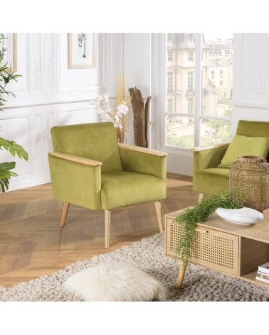 Fauteuil velours vert clair pieds et accoudoirs bois