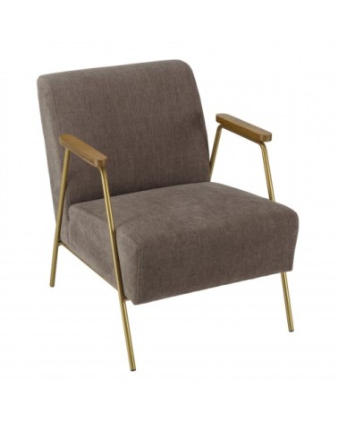 Fauteuil lounge tissu taupe métal doré accoudoirs bois