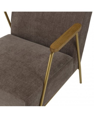 Fauteuil lounge tissu taupe métal doré accoudoirs bois