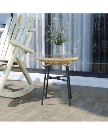 Table basse ronde jardin résine rotin métal verre trempé beige