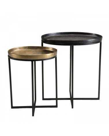 2 tables d'appoint ovales en aluminium doré et métal noir L47