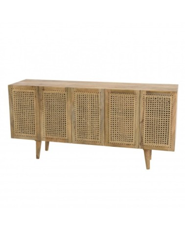 Buffet marron 5 portes bois de manguier et cannage naturel