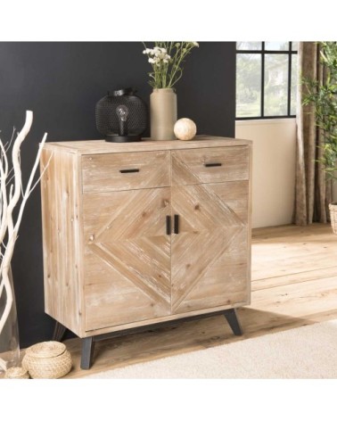 Buffet 2 tiroirs 2 portes beige pieds en sapin noir