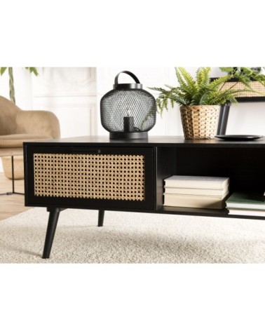 Table basse 1 niche 2 tiroirs en pin cannage couleur noire L100