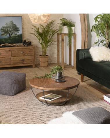 Table basse coque 2 plateaux en teck recyclé métal noir L80