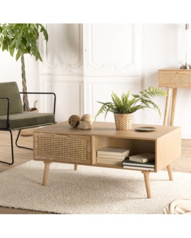 Table basse 1 niche 2 tiroirs en pin cannage couleur naturelle L100