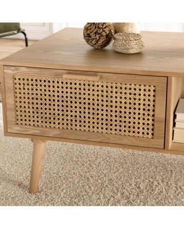 Table basse 1 niche 2 tiroirs en pin cannage couleur naturelle L100