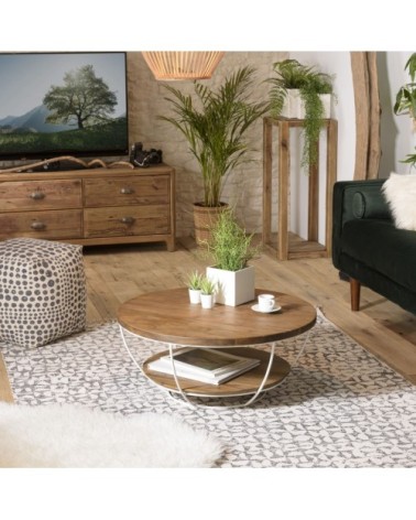 Table basse coque 2 plateaux en teck recyclé métal blanc L80