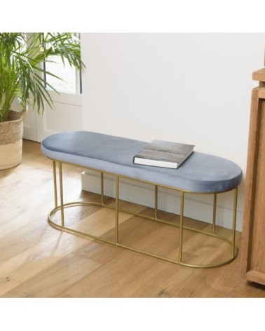 Banc velours bleu pieds arrondis métal doré